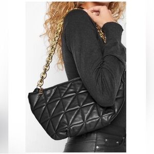 Black Quilted Faux Leather Half Moon Gold Chunky Chain Shoulder Bag/Purse